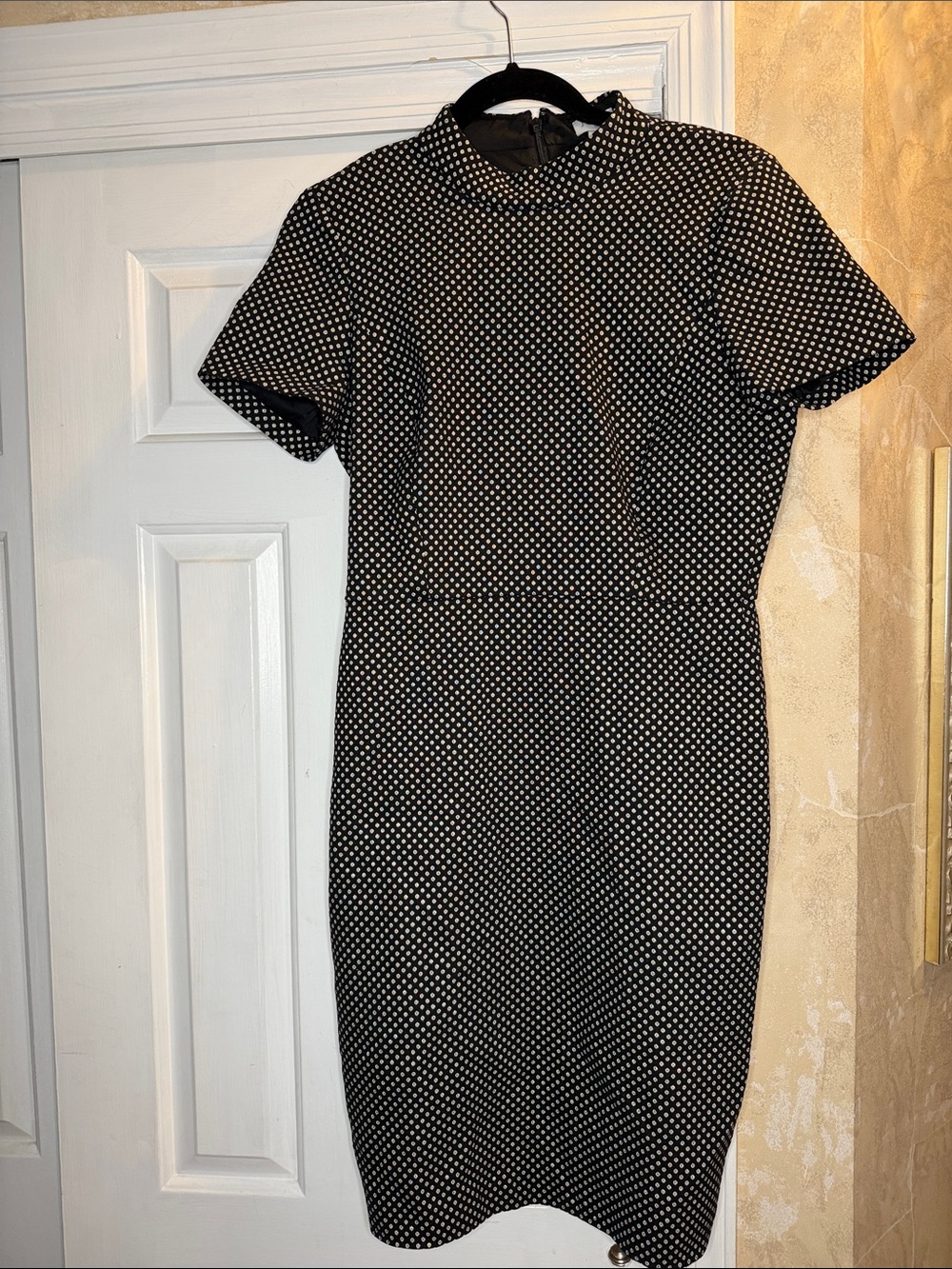 J Crew Black, White,& Gold Polka Dot Short-Sleeve Sheath Dress